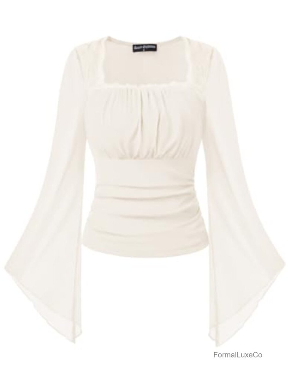 Women's Mesh Bell Sleeve Blouse Square Neck Lace Trim Sheer Top